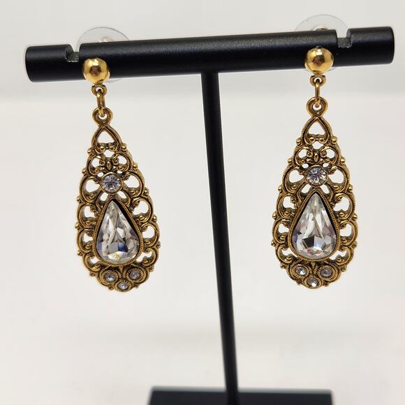 Teardrop Gold Tone Clear Rhinestone Dangle Drop Post Earrings Scrollwork Jewelry - Picture 2 of 5